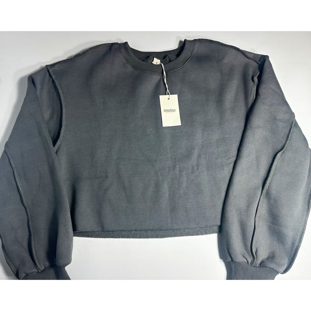 Amazhiyu Women Charcoal Gray Cropped Crewneck Sweatshirt Raw Hem  S